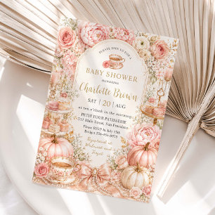 Blush Pink Floral Pumpkin Tea Party Baby Shower Invitation