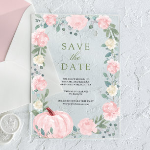 Blush Pink Floral Pumpkin Wedding Save the Date Acrylic Invitations
