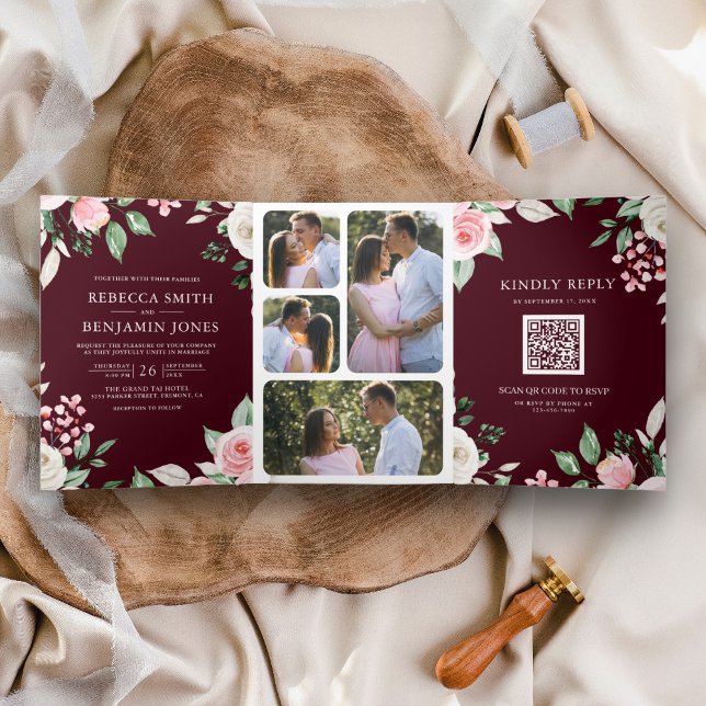 Blush Pink Floral QR Code Burgundy Wedding Tri-Fold Invitation (Creator Uploaded)