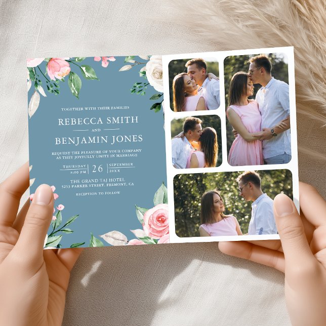 Blush Pink Floral QR Code Dusty Blue Wedding Invitation (Creator Uploaded)