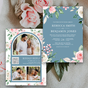 Blush Pink Floral QR Code Dusty Blue Wedding Invitation