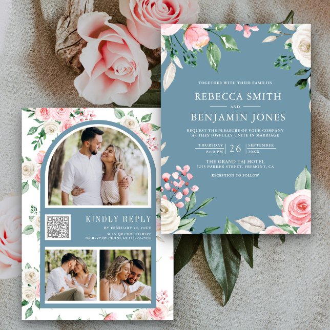 Blush Pink Floral QR Code Dusty Blue Wedding Invitation (Creator Uploaded)