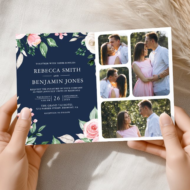 Blush Pink Floral QR Code Navy Blue Wedding Invitation (Creator Uploaded)