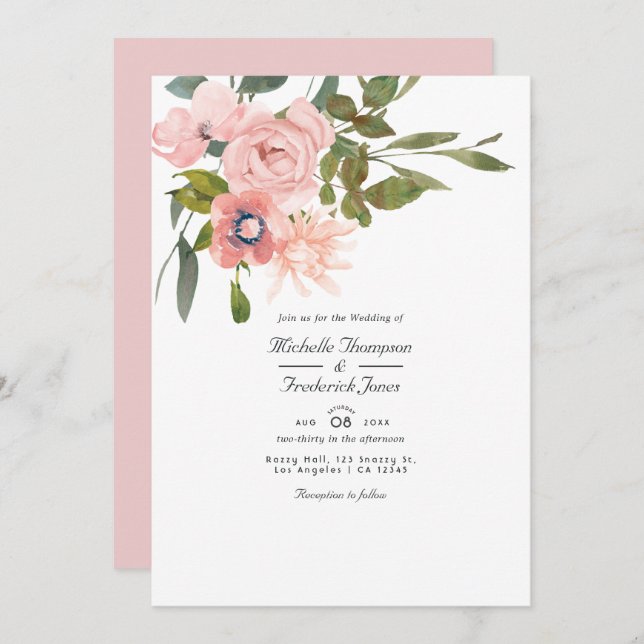 Blush Pink Floral QR Code RSVP Wedding Invitation (Front/Back)