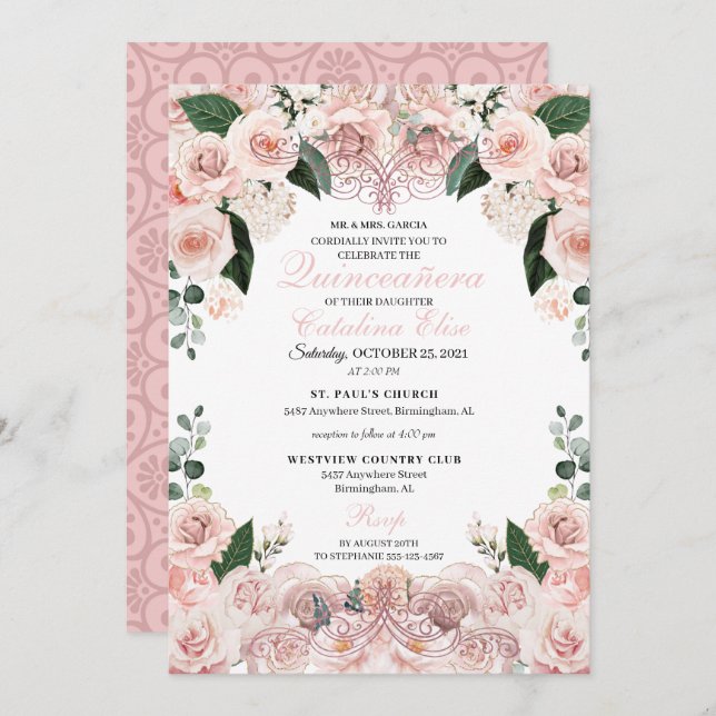 Blush Pink Floral Quinceanera Birthday Invitation (Front/Back)