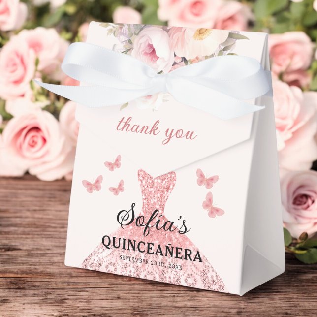 Blush Pink Floral Quinceañera Butterflies Favour Box (Creator Uploaded)