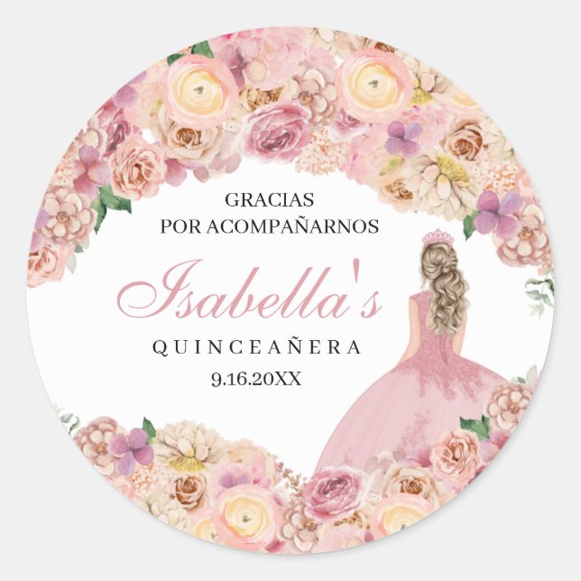 Blush Pink Floral Quinceanera Classic Round Sticke Classic Round Sticker (Front)