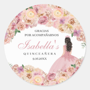 Blush Pink Floral Quinceanera Classic Round Sticke Sticker