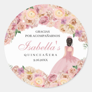 Blush Pink Floral Quinceanera Classic Round Sticke Sticker