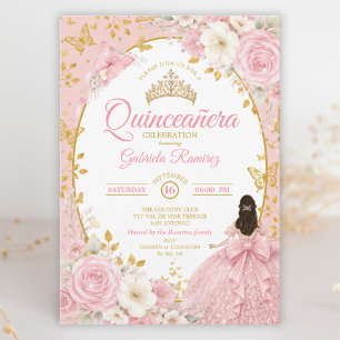 Blush Pink Floral Quinceañera Golden Butterfly Invitation