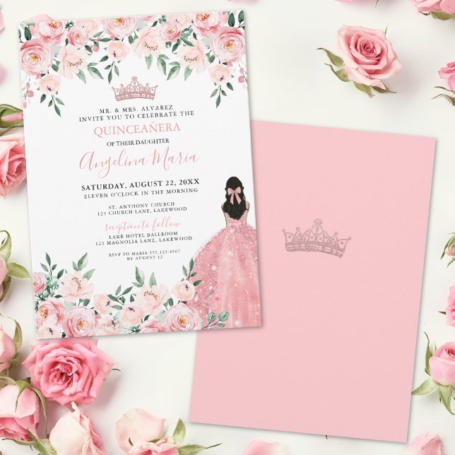 Blush Pink Floral Quinceanera Invitation (Blush Pink Floral Quinceanera Invitation)
