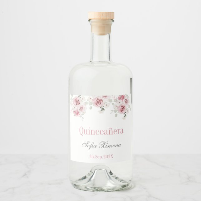 Blush Pink Floral Quinceañera Liquor Bottle Label (Front)
