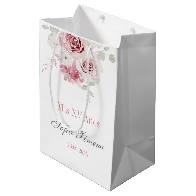 Blush Pink Floral Quinceañera Medium Gift Bag (Front Angled)
