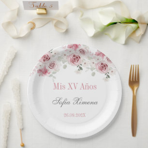 Blush Pink Floral Quinceañera Paper Plate