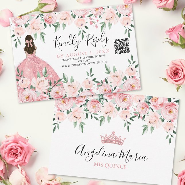 Blush Pink Floral Quinceanera QR Code RSVP (Blush Pink Floral Quinceanera QR Code RSVP)