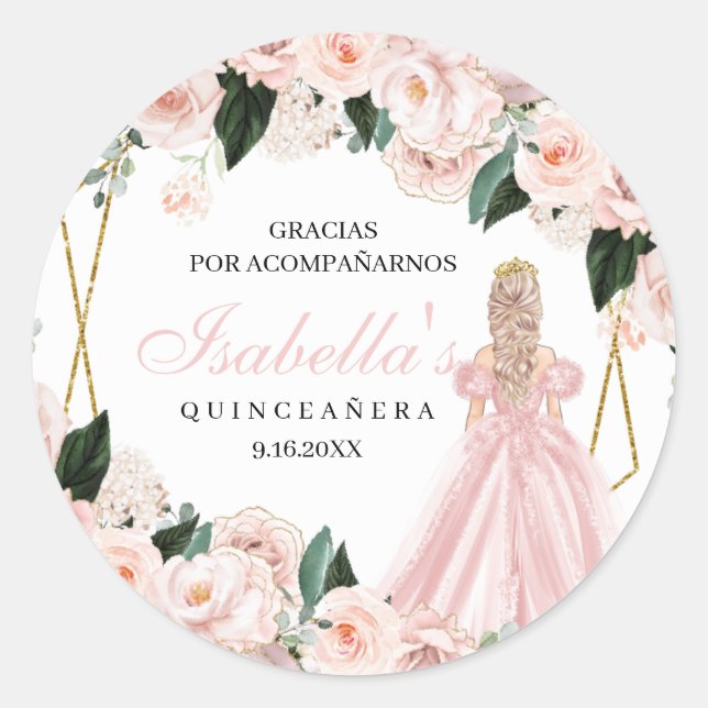 Blush Pink Floral Quinceanera Round Stickers (Front)