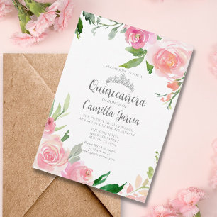 Blush Pink Floral Quinceañera Silver Tiara Elegant Invitation