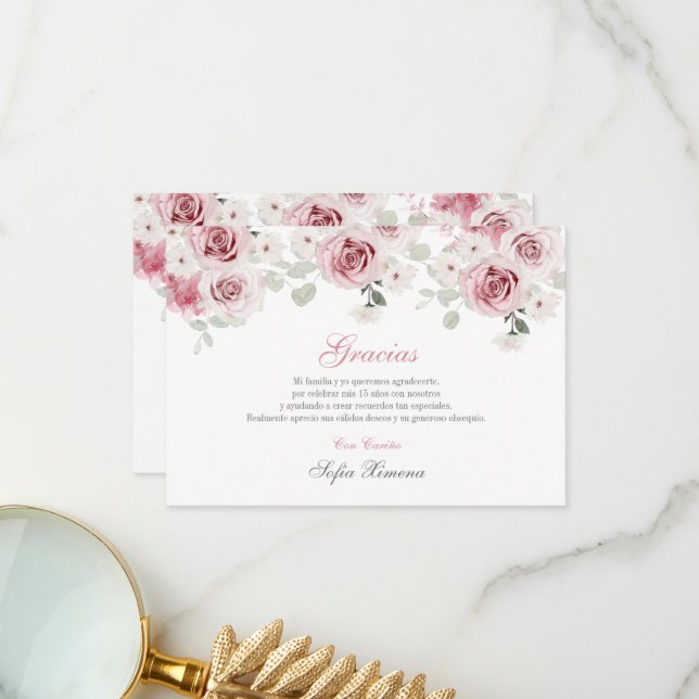 Blush Pink Floral Quinceañera Thank You Card (Front/Back In Situ)