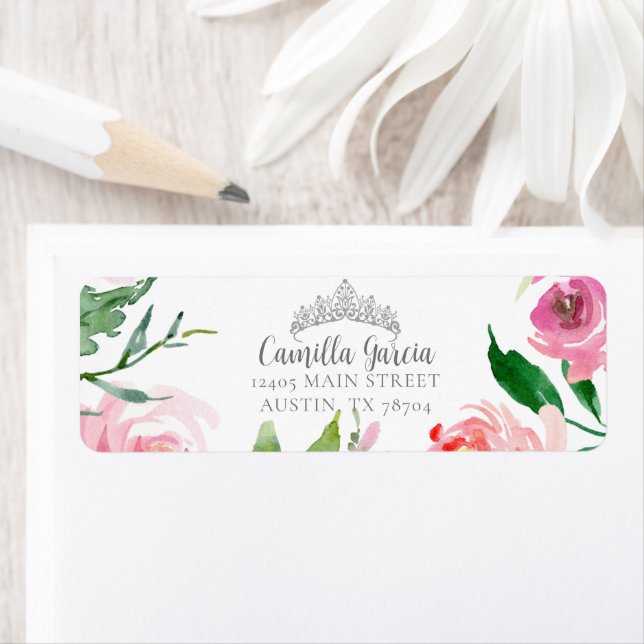Blush Pink Floral Quinceañera Tiara Return Address Label (Insitu)