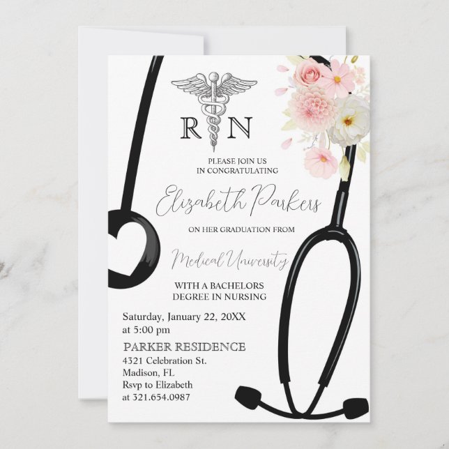 Blush Pink Floral RN Nursing Graduation Party Invitation (Front)