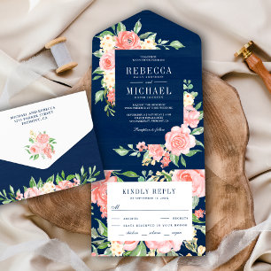 Blush Pink Floral Rose Garden Navy Blue Wedding All In One Invitation