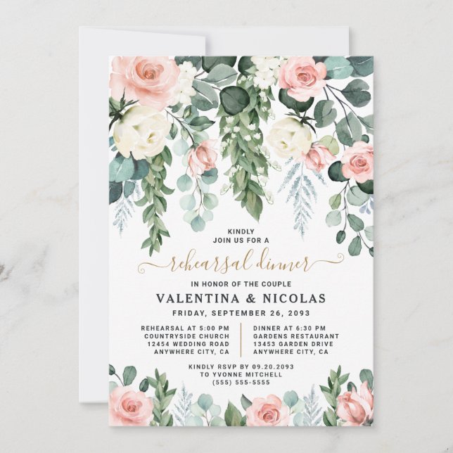 Blush Pink Floral Rose Garden Rehearsal Dinner Invitation (Front)