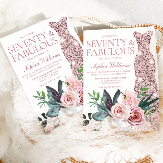 Blush Pink Floral Rose Gold Dress 70th Birthday Invitation (Creator Uploaded)