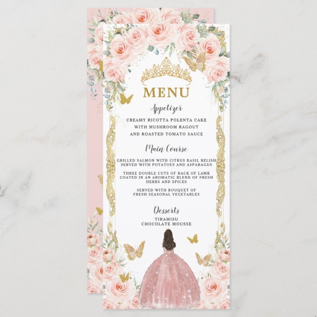 Blush Pink Floral Rose Gold Dress Quinceañera Menu (Front/Back)