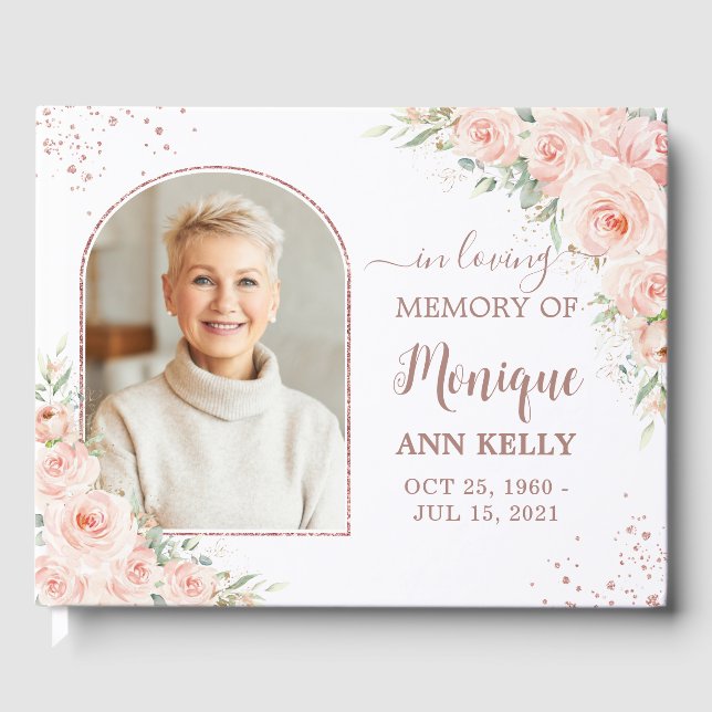 Blush Pink Floral Rose Gold Memorial Funeral Photo Guest Book (Front)
