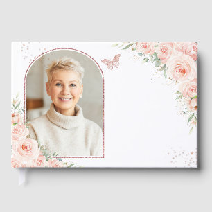 Blush Pink Floral Rose Gold Memorial Funeral Photo Guest Book