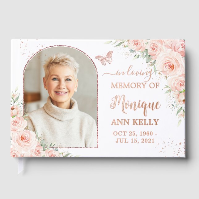 Blush Pink Floral Rose Gold Memorial Funeral Photo Guest Book (Front)