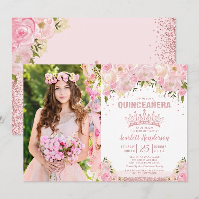 Blush Pink Floral Rose Gold Quinceañera Birthday Invitation (Front/Back)