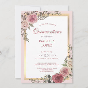 Blush Pink Floral Rose Gold  Quinceañera Invitatio Invitation