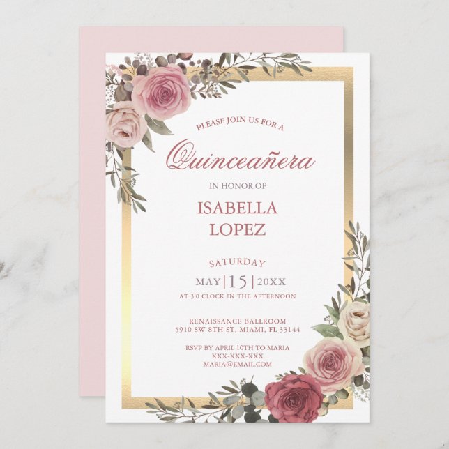 Blush Pink Floral Rose Gold  Quinceañera Invitation (Front/Back)
