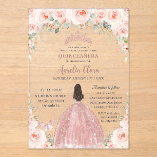 Blush Pink Floral Rose Gold Quinceañera Sweet 16  Acrylic Invitations