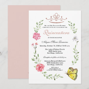 Blush Pink Floral Rose gold Tiara Quinceanera Invitation