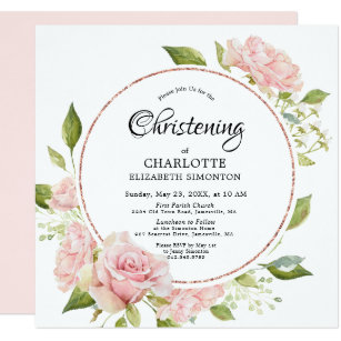 Blush Pink Floral Rose Gold Watercolor Christening Invitation