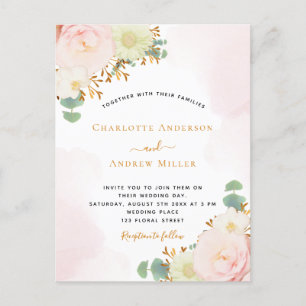 Blush pink floral rose gold wedding invitation postcard