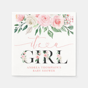 Blush Pink Floral Rose It's A Girl Baby Shower Napkin