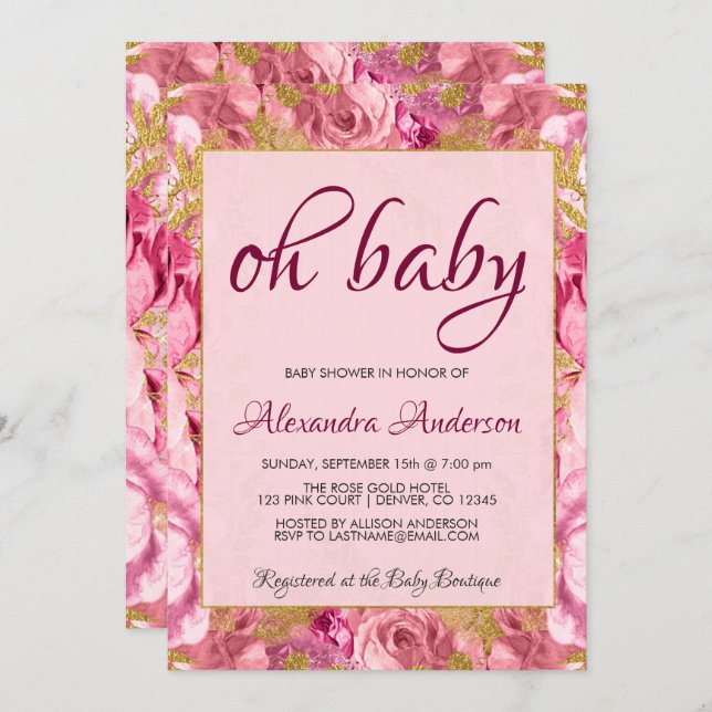 Blush Pink Floral Roses Baby Shower Monogram Invitation (Front/Back)