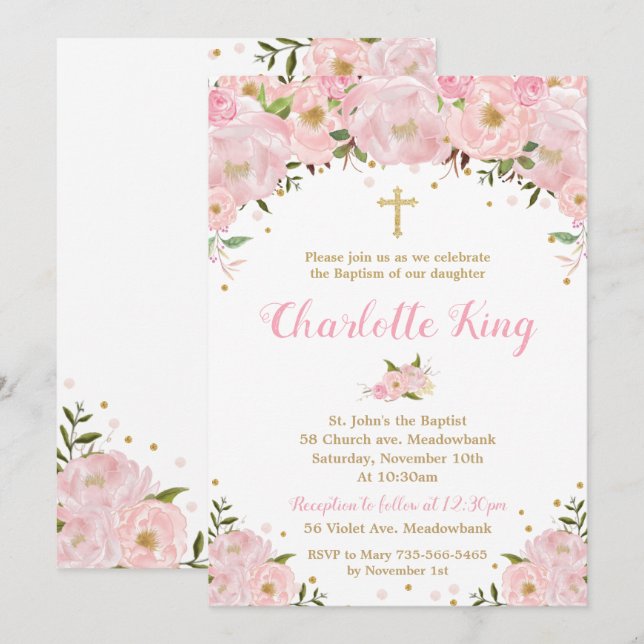 Blush Pink Floral Roses Baptism Christening Invitation (Front/Back)