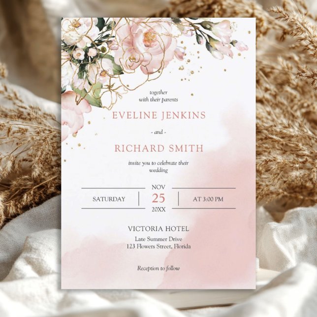 Blush Pink Floral Roses Boho Wedding Invitation (watercolor blush pink roses eucalyptus and gold wedding invitation)