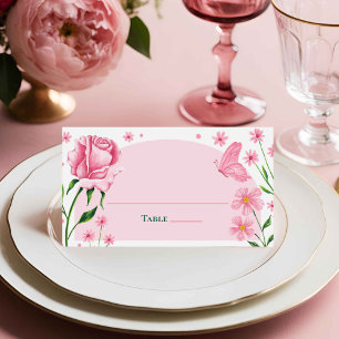 Blush Pink Floral Roses & Butterfly Quinceañera Place Card