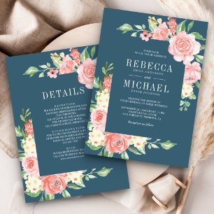 Blush Pink Floral Roses Dusty Blue Wedding Invitation
