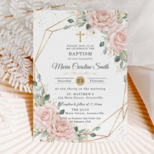 Blush Pink Floral Roses Gold Cross Baptism  Invitation