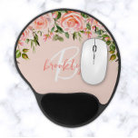 Blush Pink Floral Roses Script Monogram  Gel Mouse Pad<br><div class="desc">This elegant personalised mouse pad features a monogram and first name in modern pink and white script on a blush pink background. A lush arrangement of blush pink roses and greenery adorns the top border.</div>