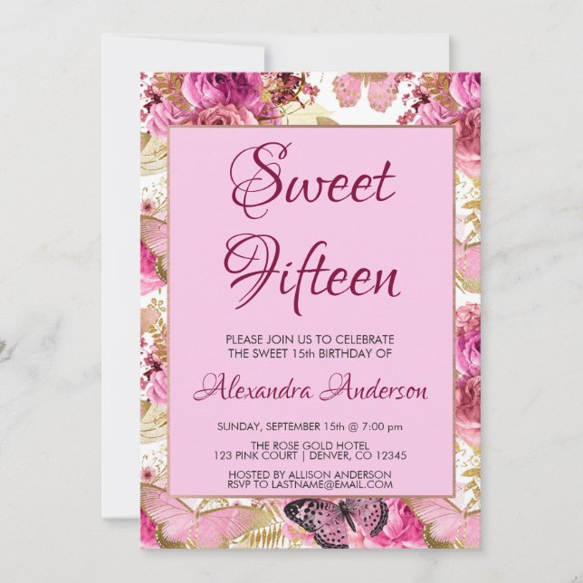 Blush Pink Floral Roses Sweet Fifteen Monogram Invitation (Front)