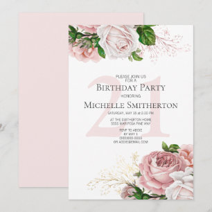 Blush Pink Floral Roses White 21st Birthday Invitation