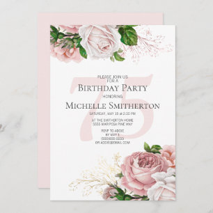 Blush Pink Floral Roses White 75th Birthday Invitation