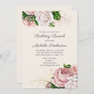Blush Pink Floral Roses White Birthday Brunch Invitation